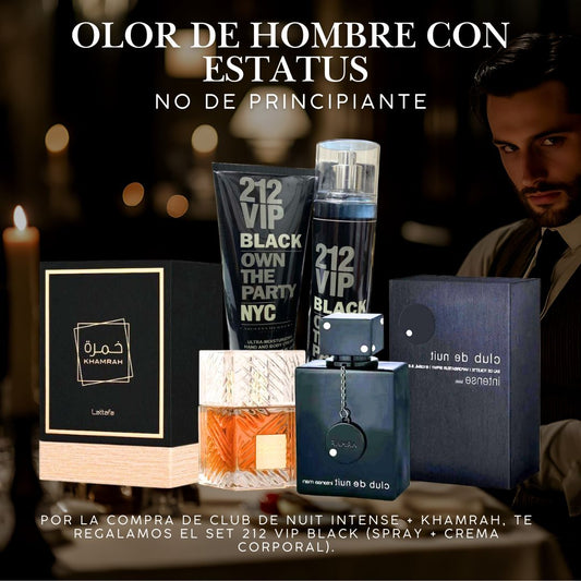 Combo premium: Khamrah + Club de Nuit Intense + regalo set 212 VIP Black (spray + crema)